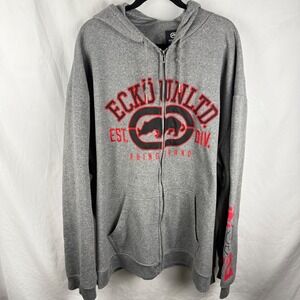 Vintage Ecko Unlimited Y2K Gray Full Zip Up Hoodie Logo 5XL Oversized Streetwear